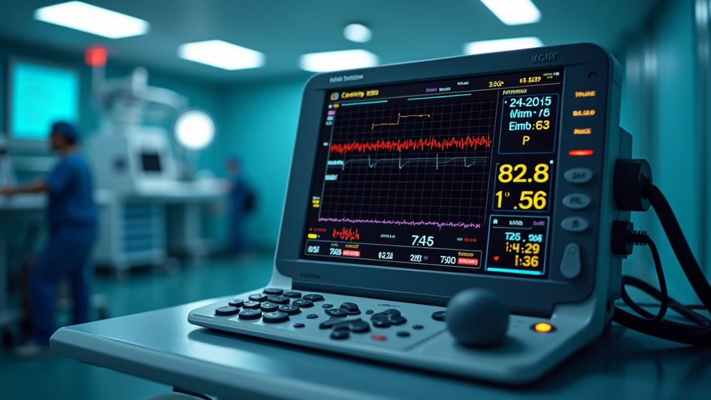 Modern digital hemodynamic monitoring system displaying real-time blood pressure waveforms and vital signs in professional cath lab environment with medical equipment in background