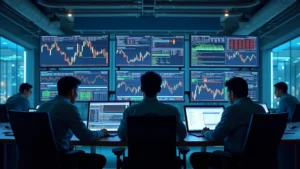 High-tech trading floor with multiple monitors displaying stock charts and financial data, modern office environment with financial professionals analyzing investment data on digital displays