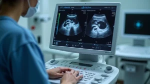 Modern ultrasound machine display showing real-time imaging of anatomical structures, professional medical sonography equipment in clinical environment