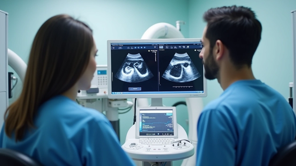 Healthcare professionals in medical imaging center reviewing ultrasound images on workstation, clinical practice environment with modern diagnostic equipment