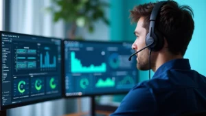 Professional technician wearing headset at modern support center desk with dual monitors displaying system diagnostics dashboards and performance graphs, blue and green data visualization on screens, clean contemporary workspace