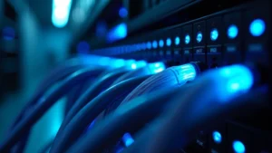 Close-up of advanced server rack with glowing blue LED indicators and fiber optic cables, professional data center environment, cool lighting, premium hardware aesthetic