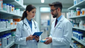 Pharmacist and pharmacy technician reviewing medications in modern hospital pharmacy with digital displays, white coats, organized medication shelves, professional healthcare environment