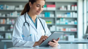 Pharmacy technician in white coat using tablet computer at hospital pharmacy counter with medication shelves in background, professional healthcare setting, natural lighting
