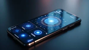 High-end flagship smartphone displaying advanced AI camera interface with multiple lens selection options and real-time computational photography settings, premium glass and metal design, photorealistic lighting, close-up product shot