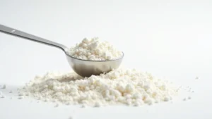 Close-up of white crystalline creatine powder being scooped with a stainless steel measuring spoon, studio lighting, white background, shallow depth of field, fitness supplement photography