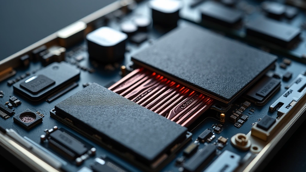 Professional close-up photograph of advanced smartphone internal components showing vapor chamber thermal management system, graphite spreader, and heat pipes arranged inside device chassis, metallic surfaces, high detail, photorealistic