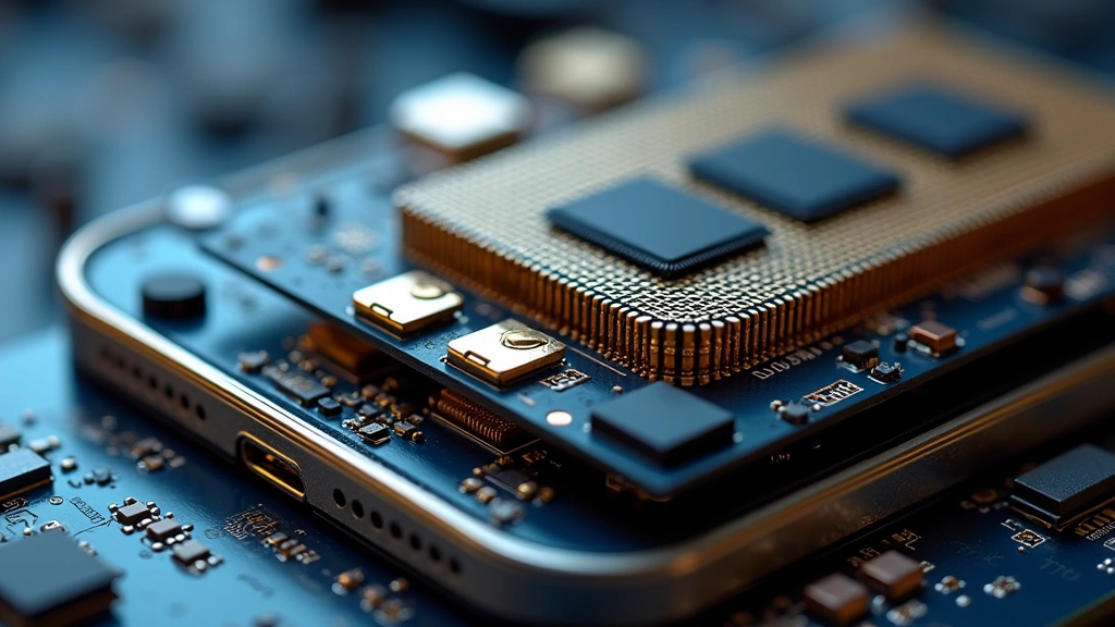 Detailed macro shot of multi-layered antenna array components inside smartphone including phased array elements, metamaterial structures, and RF shielding, technical precision, professional lighting, no text visible