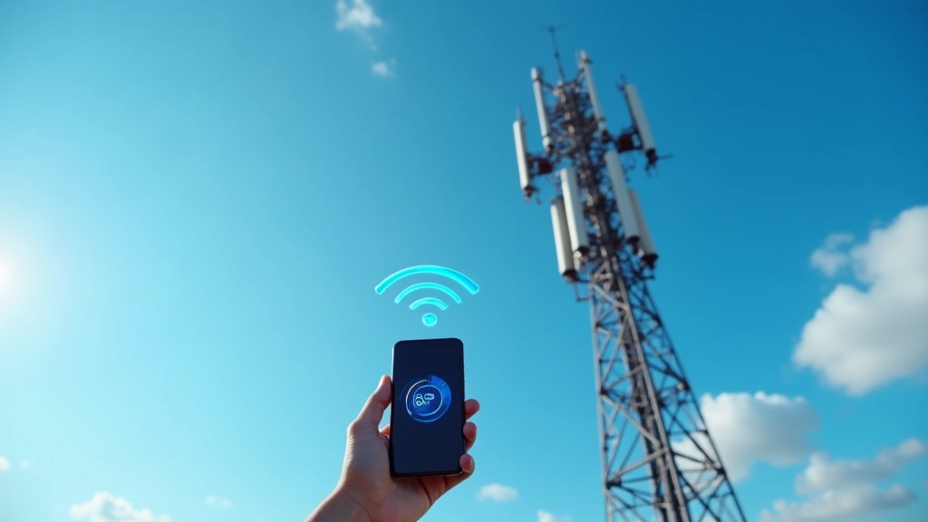 Wide shot of modern 5G cellular tower infrastructure against blue sky with smartphone in foreground displaying network connectivity indicator, showing connection between device and network infrastructure, professional photography