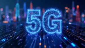 High-tech 5G network infrastructure with fiber optic cables, antenna towers, and digital connectivity visualization showing data flow patterns in blue and purple light trails, photorealistic modern telecommunications equipment