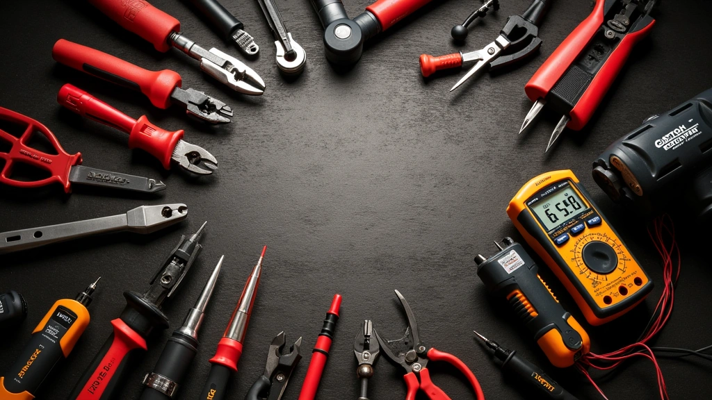 Overhead view of assorted Cen-Tech hand tools and multimeter on workbench with soft lighting