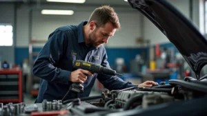 Professional mechanic using cordless drill on automotive engine block in well-lit workshop, metal workbench with scattered sockets and wrenches, focused expression, natural lighting highlighting tool details
