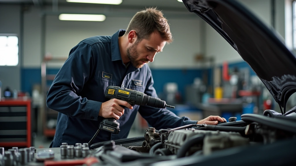 Professional mechanic using cordless drill on automotive engine block in well-lit workshop, metal workbench with scattered sockets and wrenches, focused expression, natural lighting highlighting tool details
