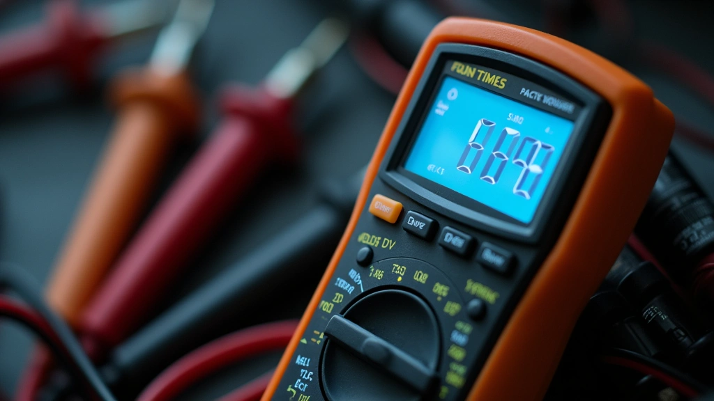 Close-up of digital multimeter display showing voltage reading with tools in blurred background