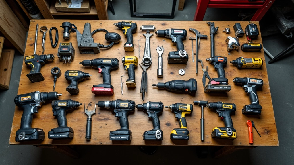 Overhead view of organized tool collection displaying power drills, impact drivers, sockets, and hand tools neatly arranged on wooden workbench surface with metal vise, professional workshop environment