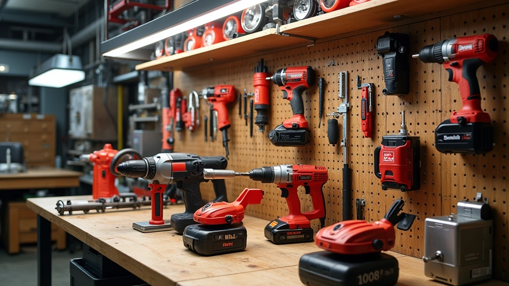 Workshop setting with various Cen-Tech power tools arranged on pegboard wall display