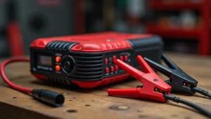 Close-up of red and black battery charger with alligator clamps on wooden workbench, professional garage lighting, sharp focus on connector details