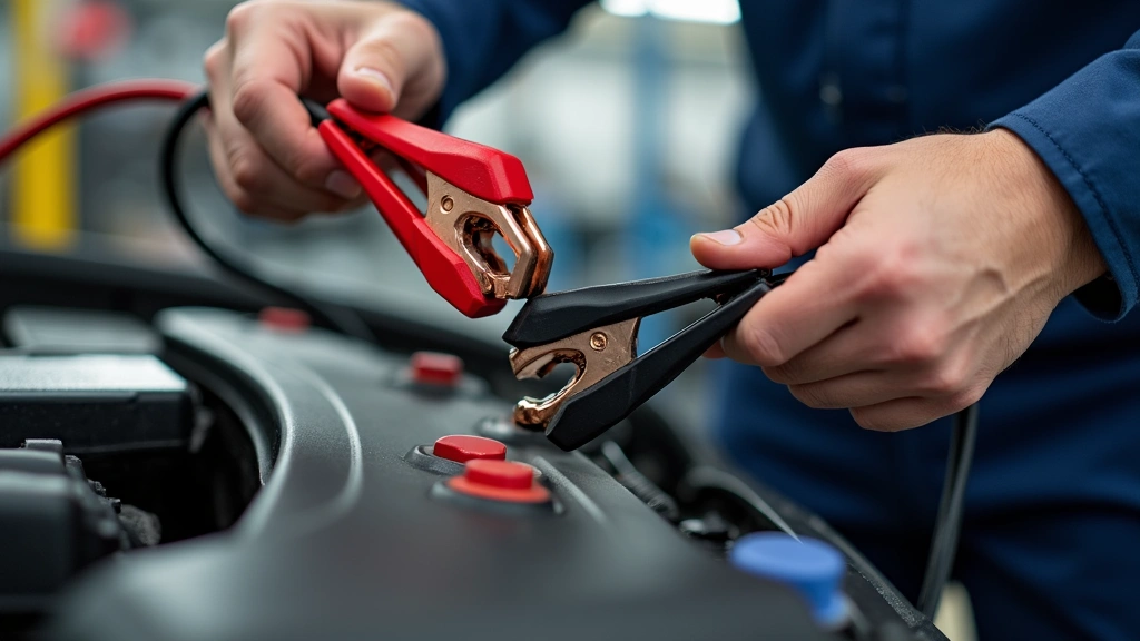 Technician hands connecting battery charger clamps to car battery terminal in bright workshop, showing proper connection technique with safety focus