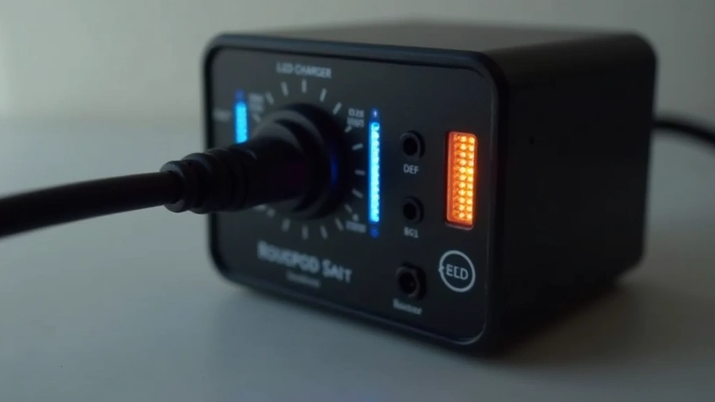 Battery charger display panel showing LED charging indicator light illuminated, with control dial and power cord visible, neutral background