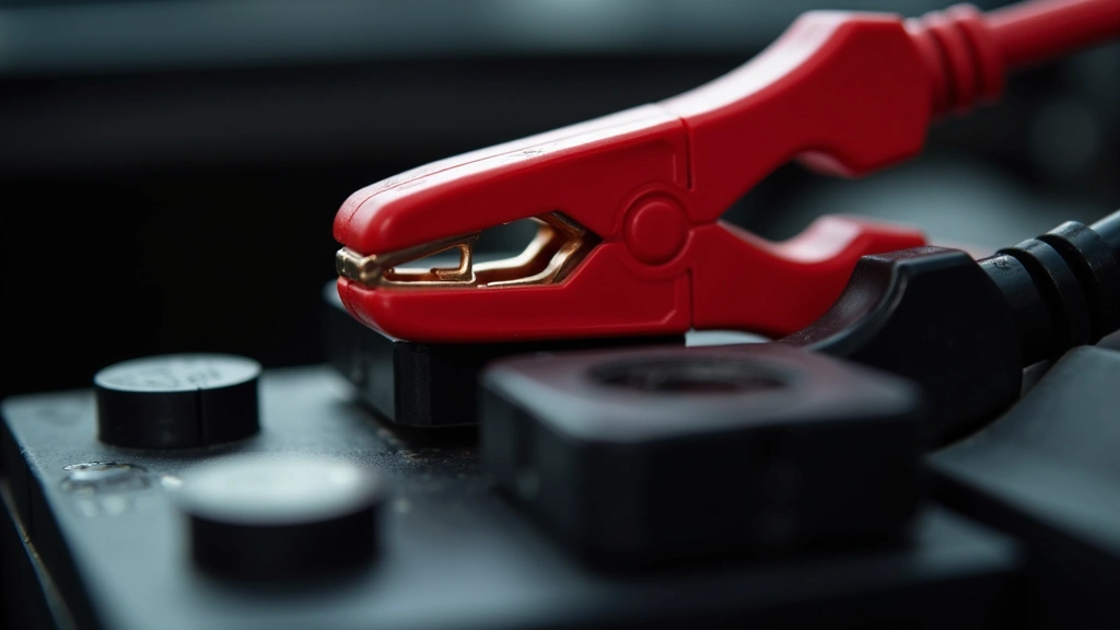 Close-up of red and black battery charger clamps connecting to car battery terminals, professional automotive workshop lighting, shallow depth of field