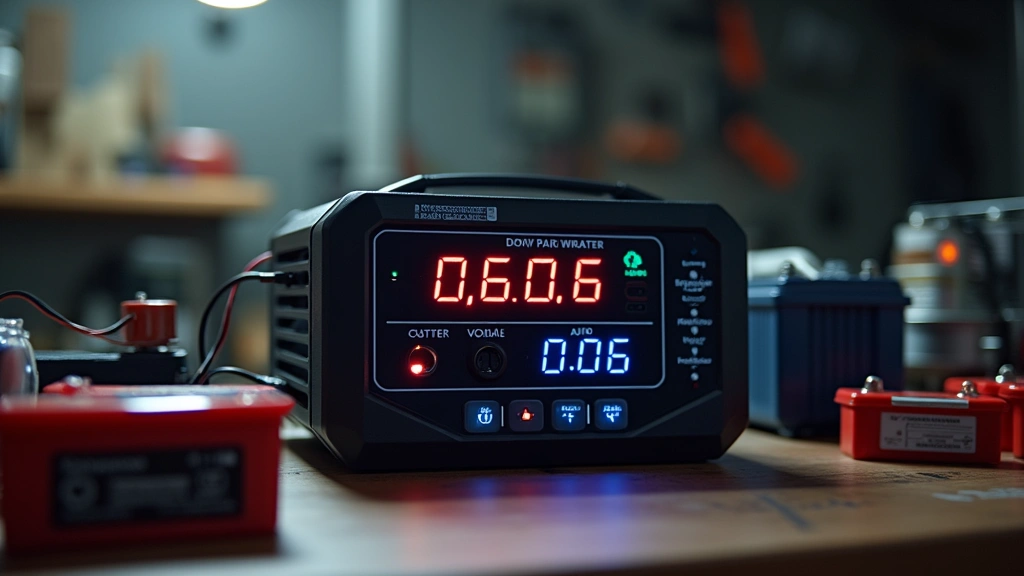 Modern battery charger unit with digital display showing voltage and amperage readings, sitting on workbench with various batteries nearby, clean studio lighting