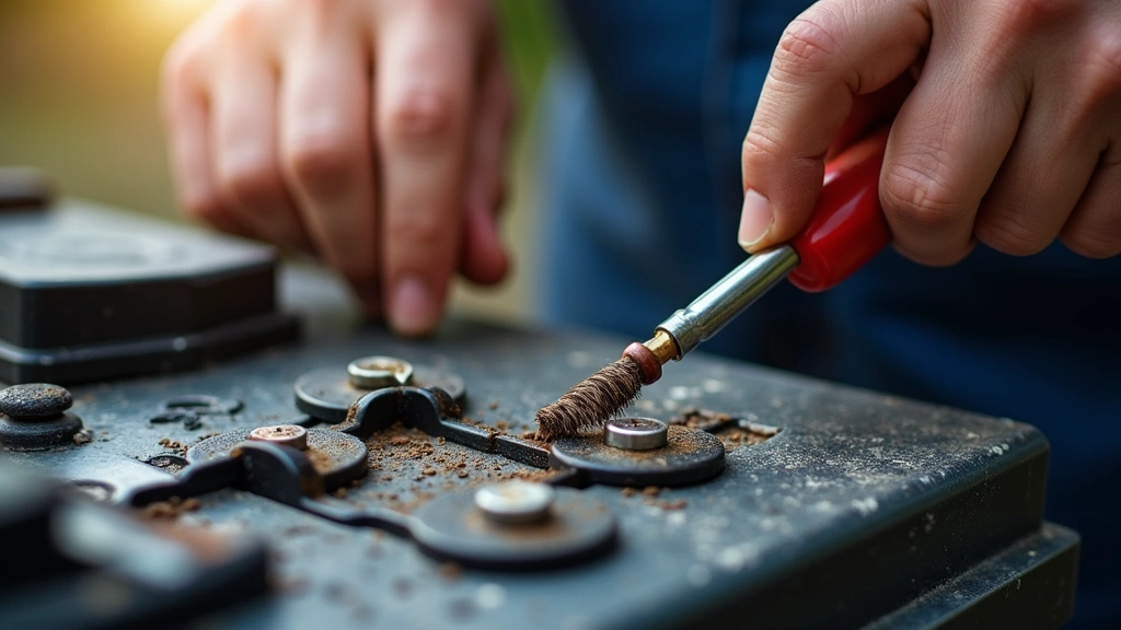 Technician checking battery terminal corrosion with wire brush, battery acid cleaning solution visible, hands-on maintenance demonstration, natural lighting