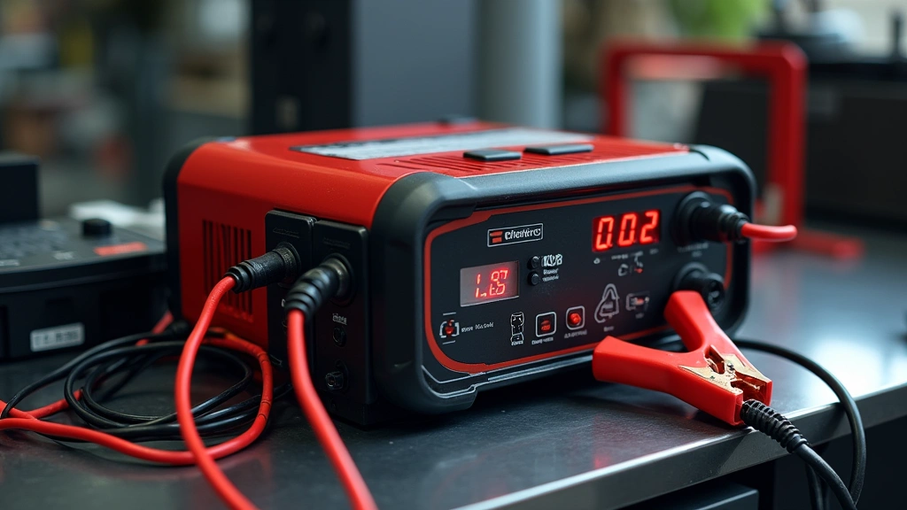 Professional automotive battery charger with red and black cables, clamp connectors, and digital display screen, sitting on a clean workshop bench with a 12-volt car battery beside it, photorealistic studio lighting, no text visible