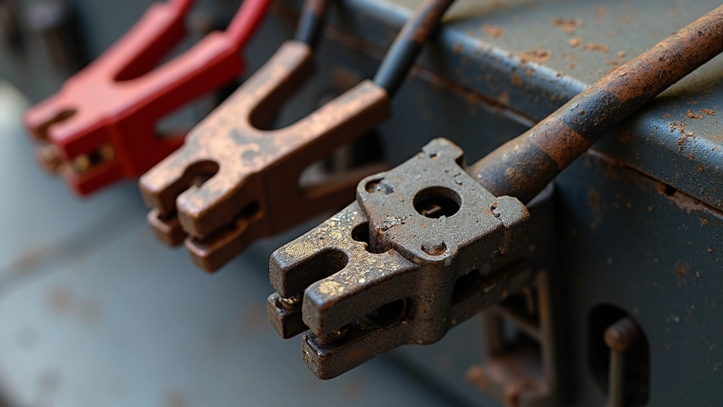 Close-up of battery charger clamp connectors and thick gauge charging cables, showing metal construction and weathered finish from regular use, mounted on a textured gray workshop surface, photorealistic detail shot, no labels or text