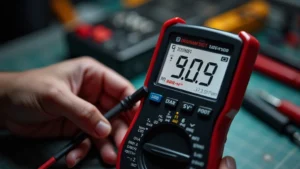 Close-up of a digital multimeter display showing voltage reading with red and black test leads in hands, professional lighting on workbench, sharp focus on LCD screen