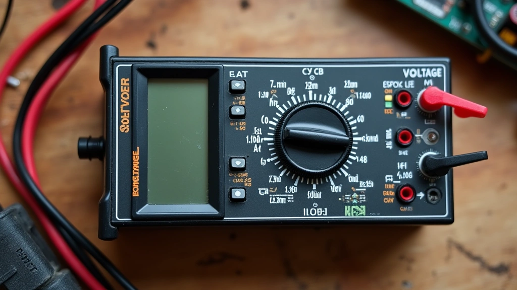 Overhead view of digital multimeter with rotary selector dial positioned at voltage setting, test leads coiled beside it on wooden workbench surface, natural daylight