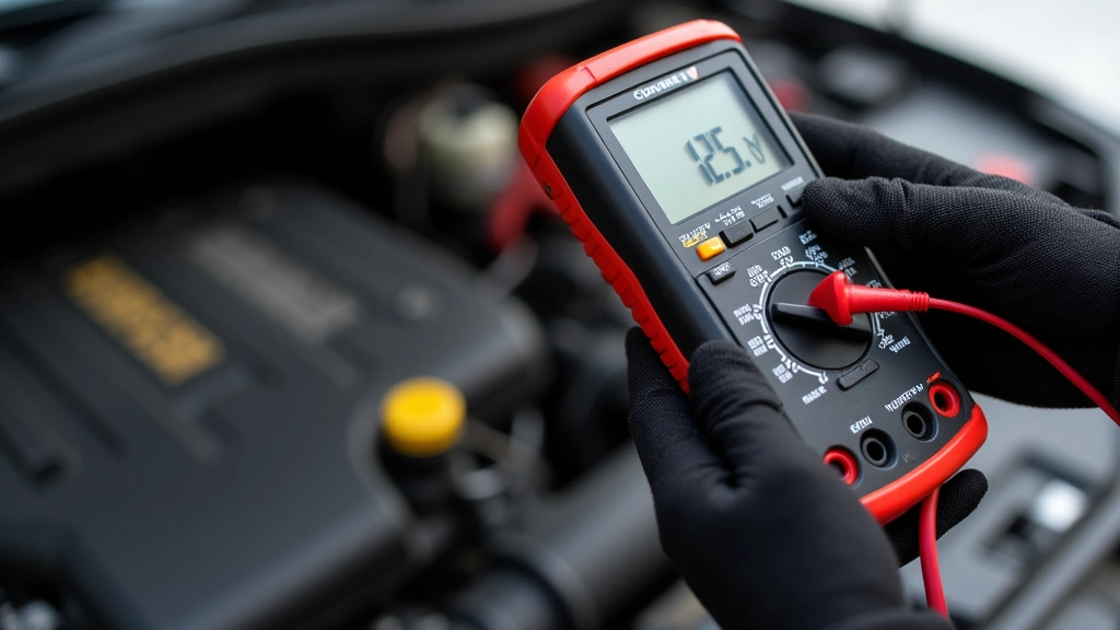Digital multimeter being used to test an automotive battery terminal, showing 12.5V reading on display, hands wearing work gloves, engine bay background slightly blurred