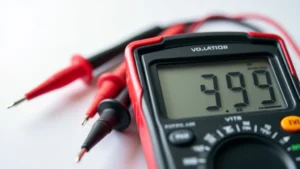 Close-up of a digital multimeter display showing voltage reading, professional test leads visible, white background studio lighting