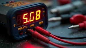 Close-up of digital multimeter display showing voltage reading with red and black test probe leads positioned nearby on workbench, professional lighting