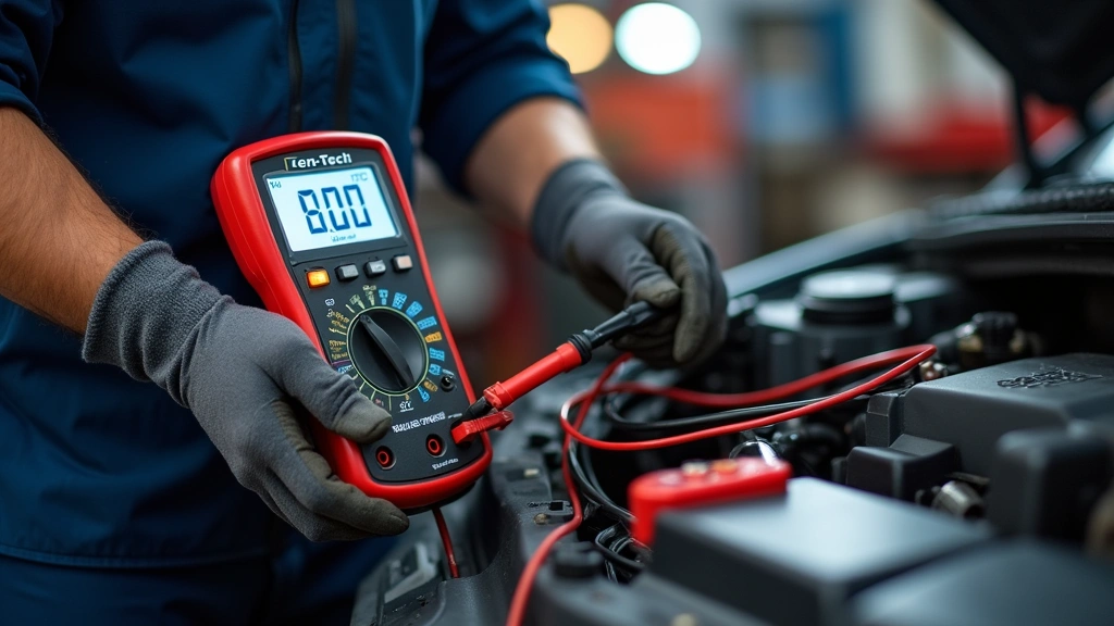 Technician holding Cen-Tech multimeter while testing automotive battery terminal connections, hands wearing work gloves, bright workshop lighting