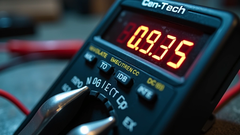 Close-up of Cen-Tech digital multimeter display showing voltage reading, metallic probes in foreground, professional workshop lighting, shallow depth of field, no text visible on screen
