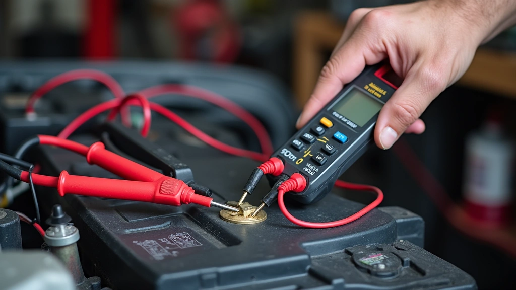 Cen-Tech multimeter being used to test car battery terminal voltage, red and black probe leads touching battery posts, automotive garage setting with tools in background, natural daylight