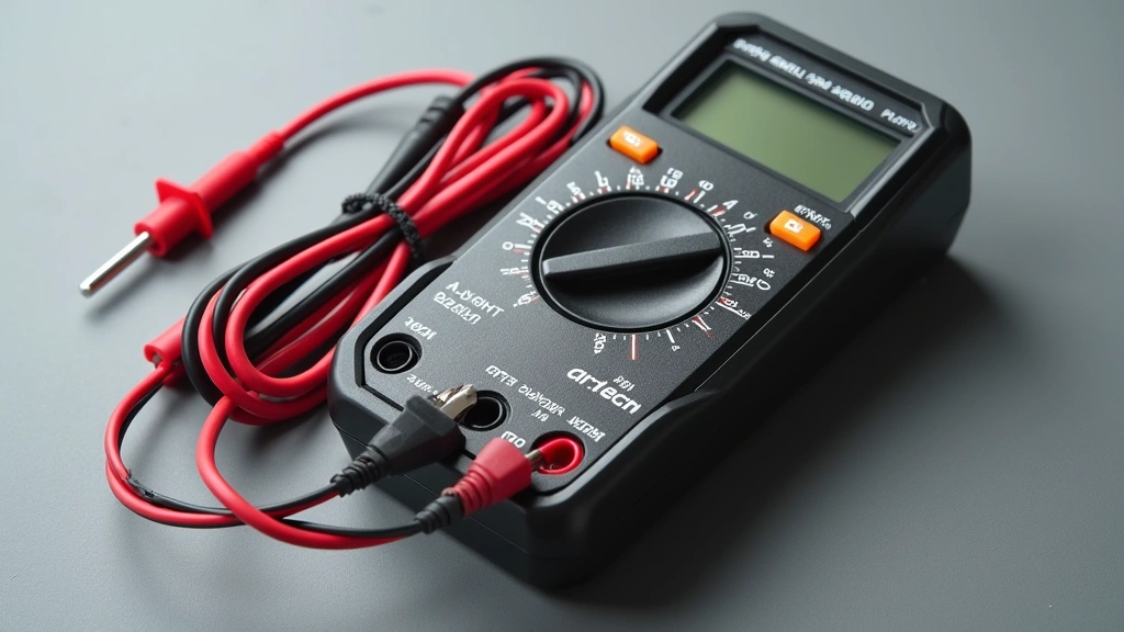 Flat-lay product photography of Cen-Tech multimeter with probe leads coiled neatly, battery compartment open showing internal construction, neutral gray background, professional studio lighting