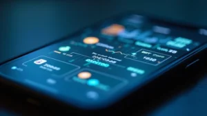 Close-up of a modern smartphone displaying cryptocurrency wallet interface with security icons and blockchain visualization on screen, professional lighting, clean minimalist design aesthetic