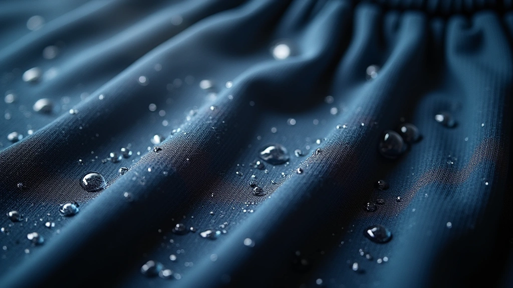 Premium athletic wear fabric texture with moisture-wicking technology demonstration, showing water droplets on surface, professional studio lighting