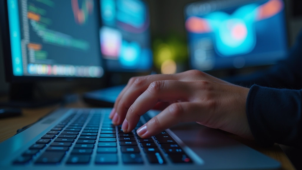 Close-up of hands typing on keyboard submitting assignment online, multiple browser tabs visible, focus on concentrated work environment with tech gadgets surrounding workspace