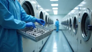 Professional hospital central sterile processing room with modern washer-disinfector equipment, stainless steel instruments in organized trays, blue-gloved technician operating control panel, bright medical facility lighting
