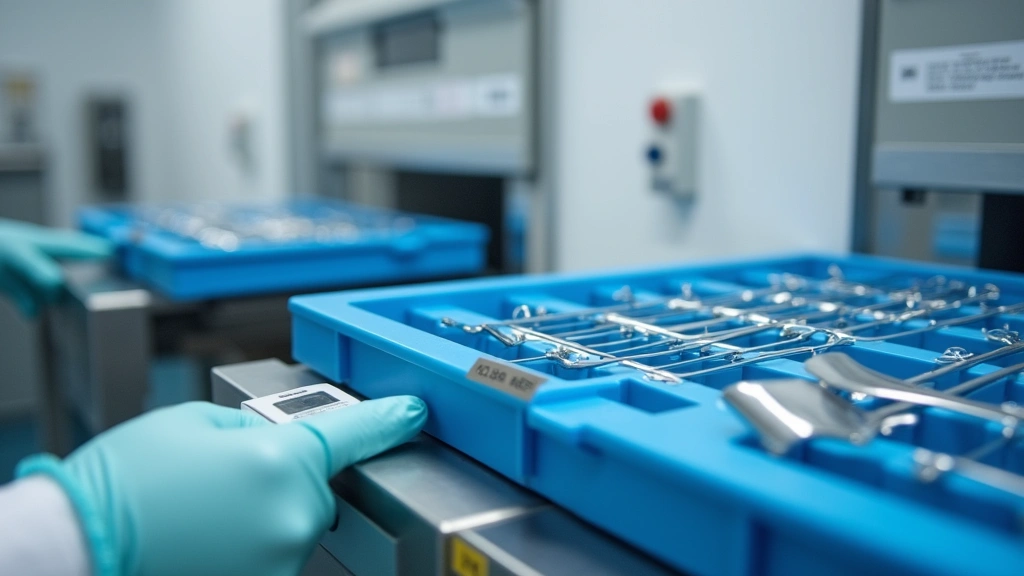 Close-up of RFID-tagged surgical instrument tray being scanned during sterilization workflow, barcode reader visible, multiple sterile instrument sets in background, clean laboratory environment with white walls