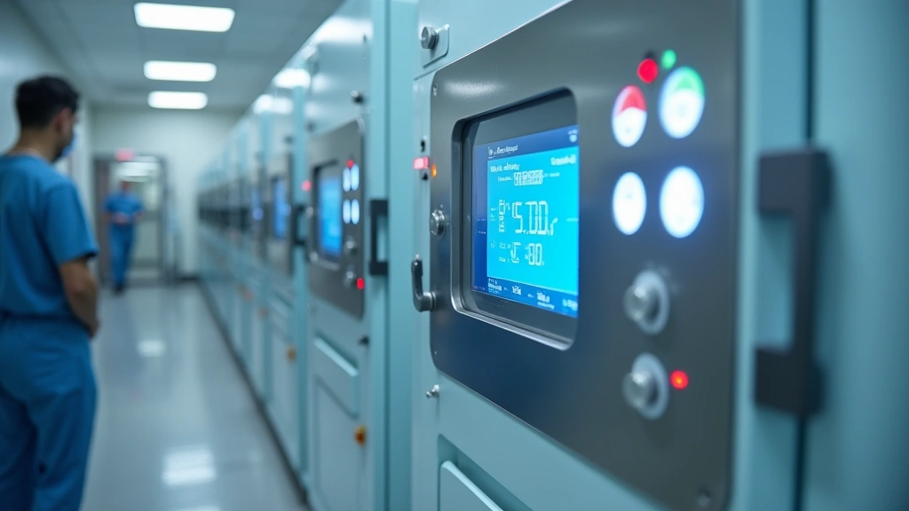 Modern sterilizer equipment in healthcare facility showing digital display panel, temperature gauges, and status indicators, advanced medical technology setup with professional medical grade machinery in clinical setting