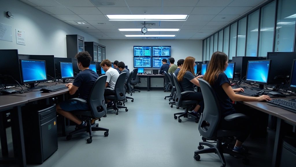 Modern computer laboratory with multiple workstations, professional-grade networking equipment, and students engaged in hands-on technical training at career technology center