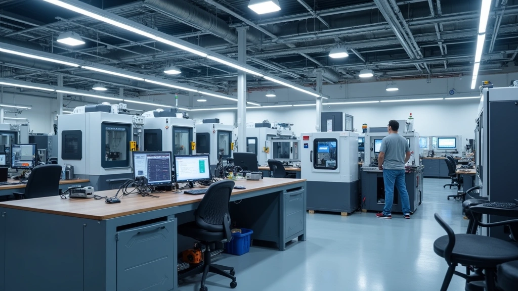 State-of-the-art manufacturing lab featuring industrial CNC machines, programmable logic controller stations, and precision equipment with proper safety protocols visible