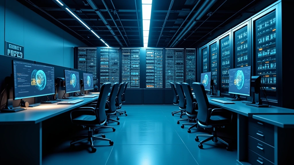 Professional IT security training facility with server racks, network monitoring displays, and cybersecurity lab setup showcasing contemporary information technology infrastructure