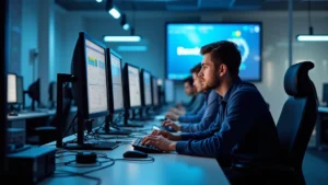 Modern computer lab with rows of professional workstations and advanced networking equipment, students actively working on technical projects with focused concentration