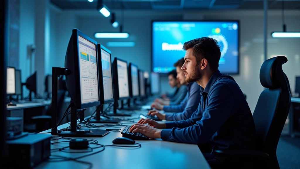 Modern computer lab with rows of professional workstations and advanced networking equipment, students actively working on technical projects with focused concentration