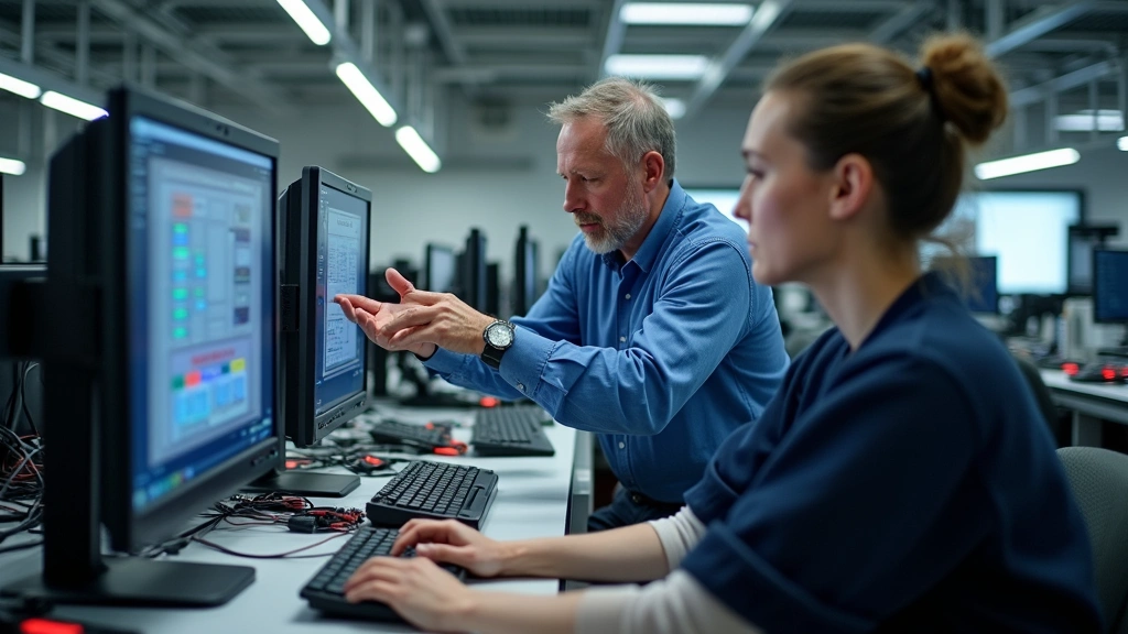 Hands-on technical training environment showing instructor demonstrating industrial automation equipment and programmable logic controllers to engaged students