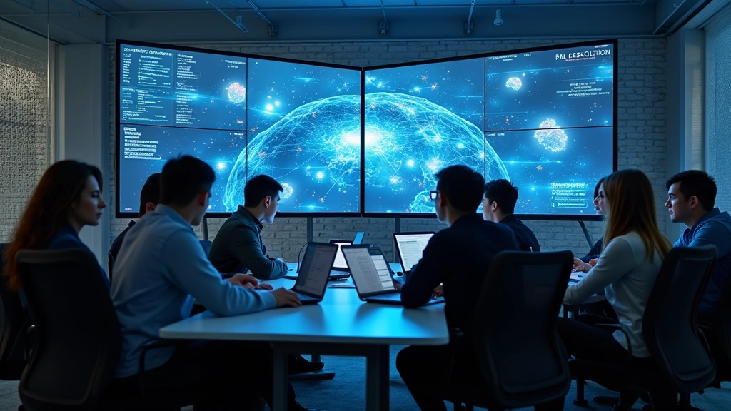 Collaborative learning space with students working together on cloud computing infrastructure setup using multiple displays and professional IT hardware